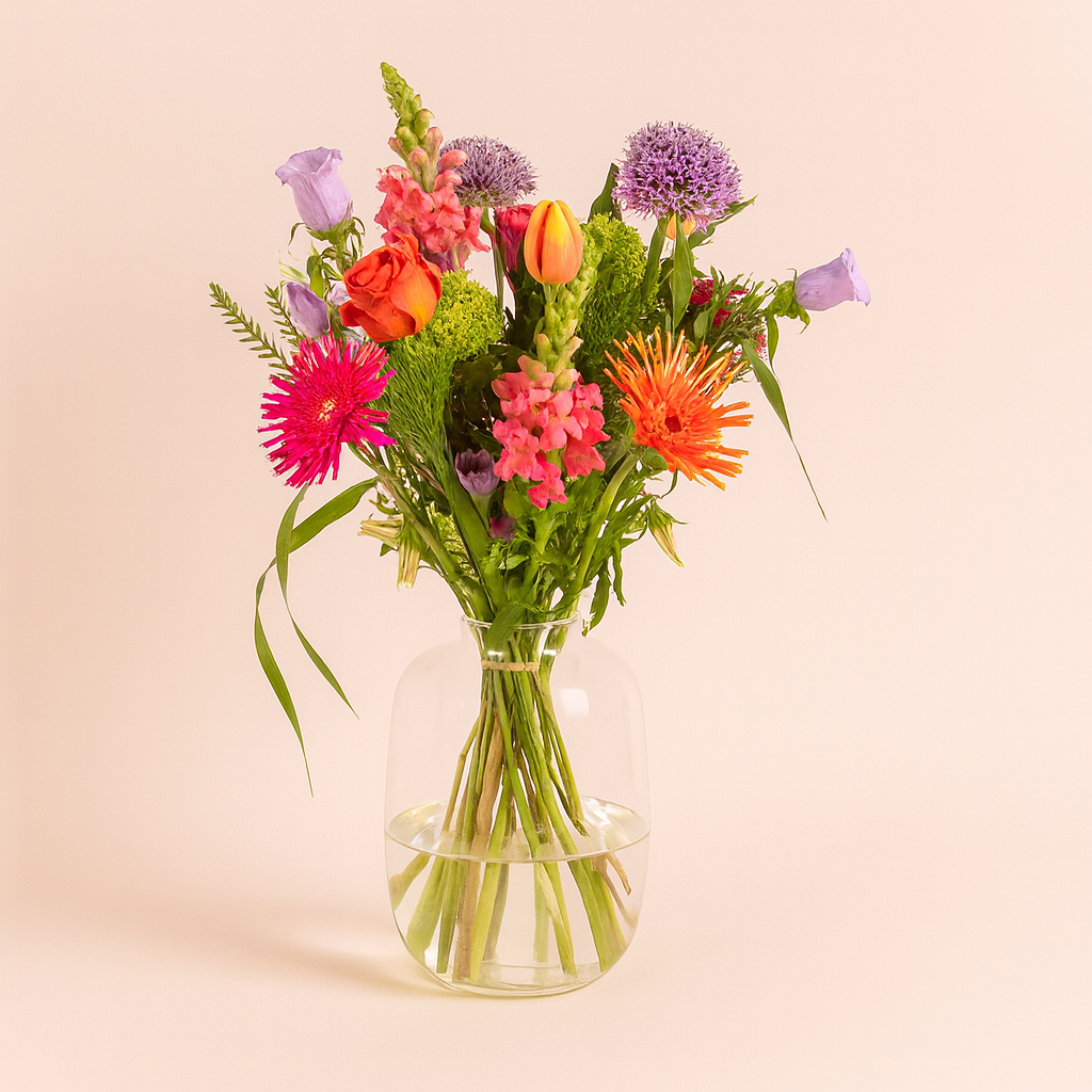 Paars, oranje en roze plukboeket bloemen